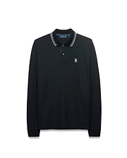 Men's Grover Pique Longsleeve Polo in black, classic fit, with a ribbed collar featuring white and grey stripes, two-button placket, and a small embroidered white Psycho Bunny skull logo on the left chest. (5)