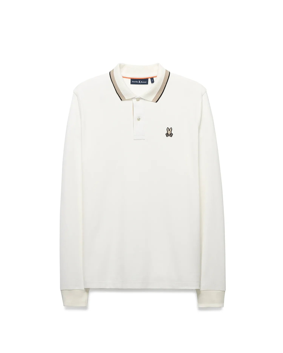 Men's Grover Pique Longsleeve Polo in ecru, featuring a classic fit, pique knit texture, ribbed collar with black and tan tipping, two-button placket, and a small embroidered Psycho Bunny skull logo on the left chest. (5)
