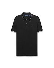 Black Mens Ringston Pique Polo, classic fit, crafted from textured pique fabric. Features a two-button placket, white tipped collar and cuffs, and a small embroidered Psycho Bunny skull logo on the left chest.
