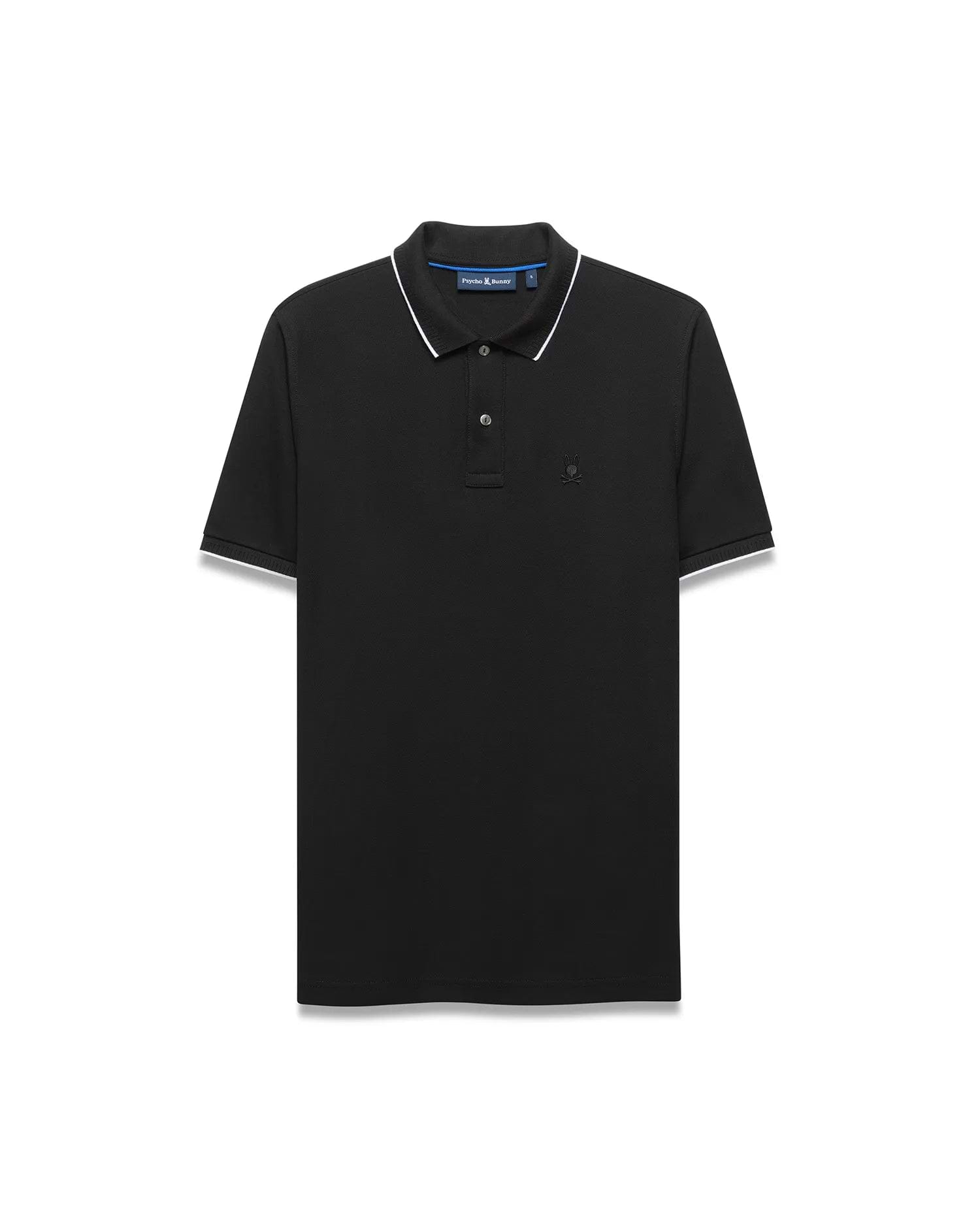 Black Mens Ringston Pique Polo, classic fit, crafted from textured pique fabric. Features a two-button placket, white tipped collar and cuffs, and a small embroidered Psycho Bunny skull logo on the left chest.