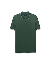 Mens Ringston Pique Polo in dark green pique with white tipping on collar and cuffs, featuring a small embroidered Psycho Bunny skull logo on the left chest, classic fit.