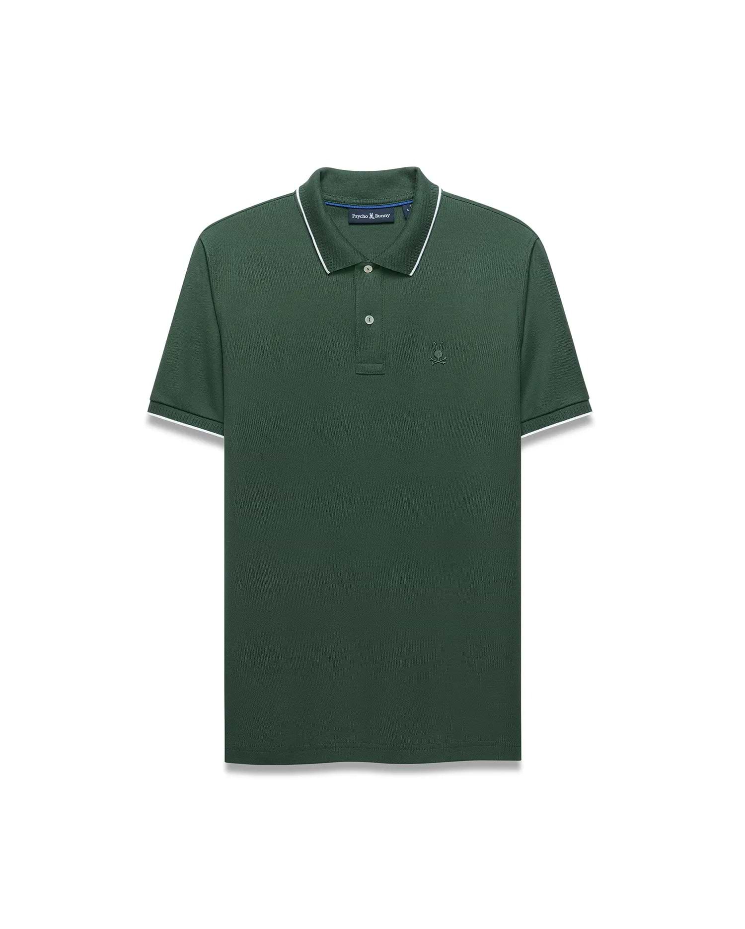 Mens Ringston Pique Polo in dark green pique with white tipping on collar and cuffs, featuring a small embroidered Psycho Bunny skull logo on the left chest, classic fit.