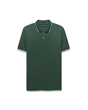 Mens Ringston Pique Polo in dark green pique with white tipping on collar and cuffs, featuring a small embroidered Psycho Bunny skull logo on the left chest, classic fit.