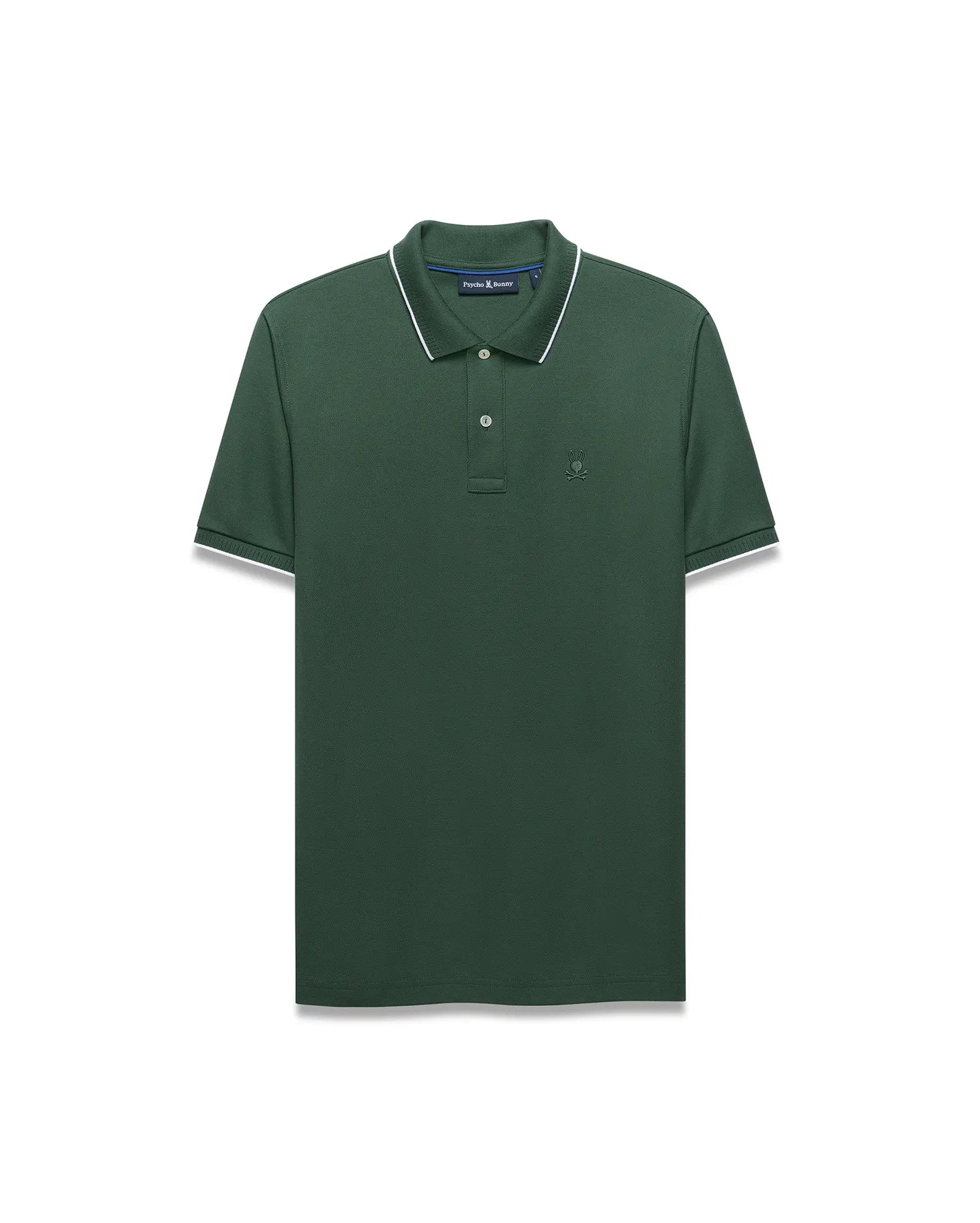 Mens Ringston Pique Polo in dark green pique with white tipping on collar and cuffs, featuring a small embroidered Psycho Bunny skull logo on the left chest, classic fit.
