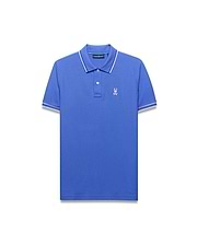 Mens Atley Pique Polo, royal blue classic fit pique polo with white and blue tipped collar and cuffs, featuring a small embroidered pink Psycho Bunny skull logo on the left chest. (5)