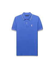 Mens Atley Pique Polo, royal blue classic fit pique polo with white and blue tipped collar and cuffs, featuring a small embroidered pink Psycho Bunny skull logo on the left chest. (5)