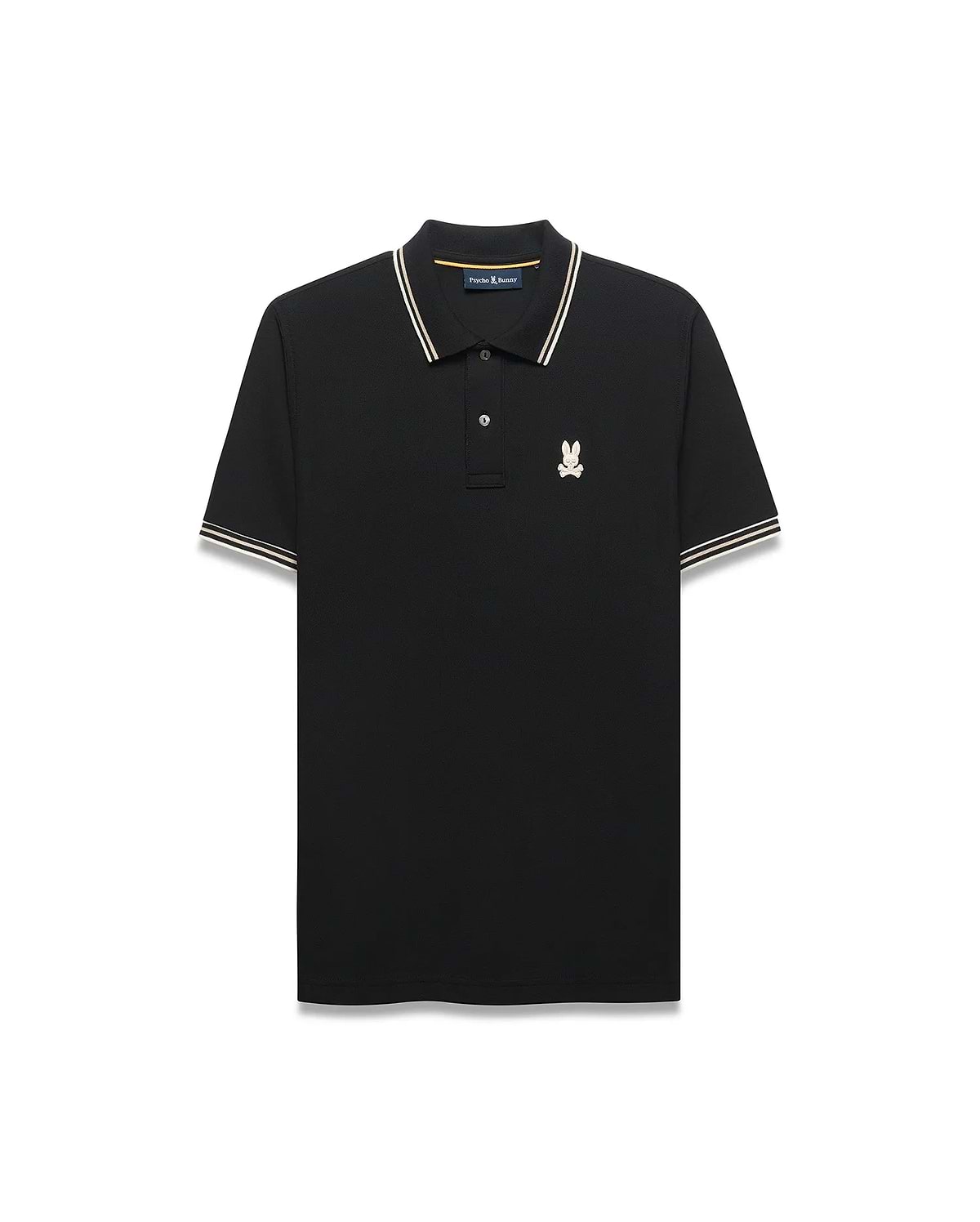 Mens Atley Pique Polo in black, featuring a classic fit, pique texture, white and gold striped collar and sleeve cuffs, and a small embroidered cream and gold Psycho Bunny skull logo on the left chest. (5)