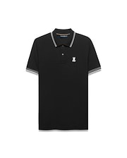 Mens Atley Pique Polo in black, featuring a classic fit, pique texture, white and gold striped collar and sleeve cuffs, and a small embroidered cream and gold Psycho Bunny skull logo on the left chest. (5)