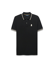 Mens Atley Pique Polo in black, featuring a classic fit, pique texture, white and gold striped collar and sleeve cuffs, and a small embroidered cream and gold Psycho Bunny skull logo on the left chest. (5)