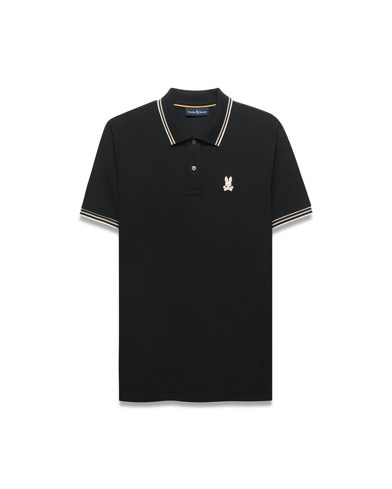 Mens Atley Pique Polo in black, featuring a classic fit, pique texture, white and gold striped collar and sleeve cuffs, and a small embroidered cream and gold Psycho Bunny skull logo on the left chest. (5)