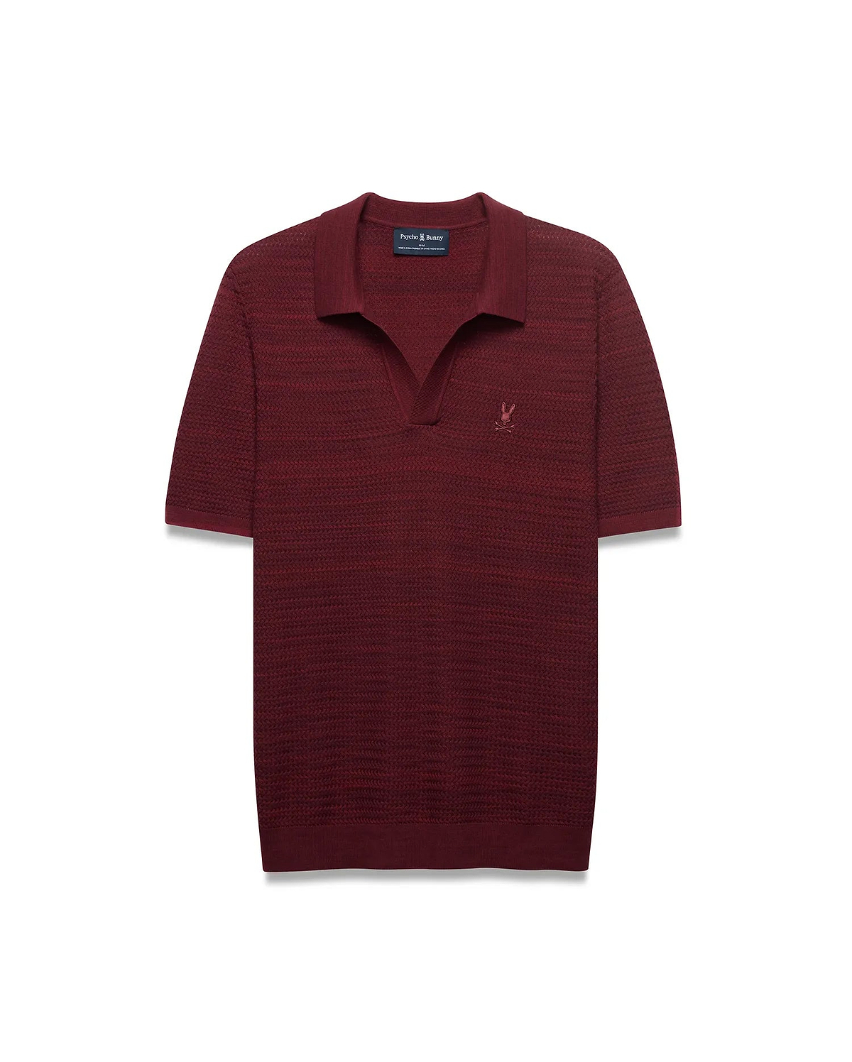 Men's Devon Braided Knit Polo in deep maroon, with a classic fit, intricate braided texture, spread collar, V-neck placket, and small tonal embroidered Psycho Bunny skull logo on left chest. (5)