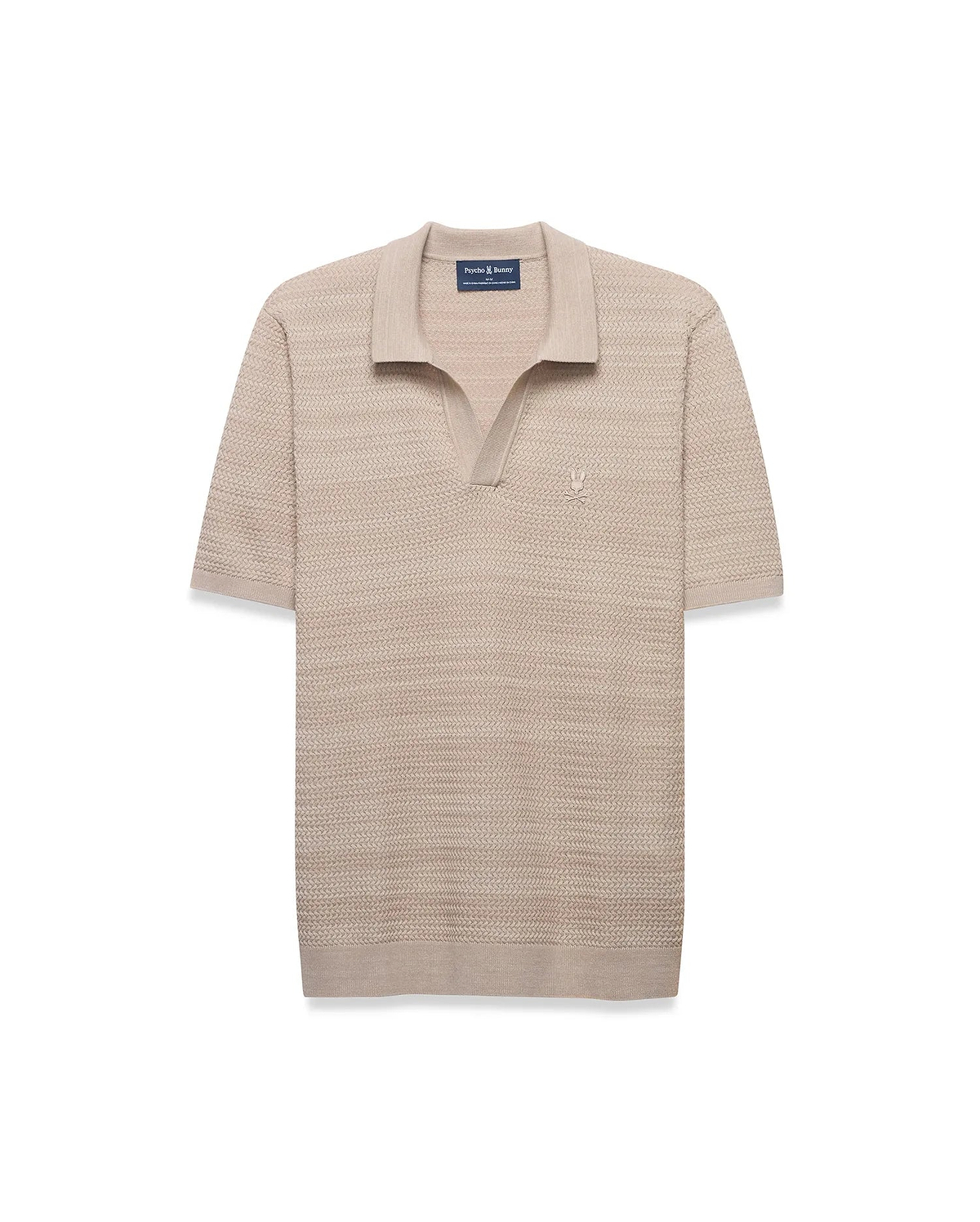 MENS DEVON BRAIDED STITCH KNIT POLO in beige, featuring a classic fit, textured braided knit fabric, spread collar, V-neck placket, and a small, embroidered tone-on-tone Psycho Bunny skull logo on the left chest.