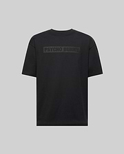 The Psycho Bunny MENS ZAYN OVERSIZED GRAPHIC TEE (MT0200004) is a black, heavyweight jersey short-sleeve shirt with bold "PSYCHO BUNNY" lettering on the upper back, shown on a light gray background.