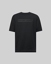 The Psycho Bunny MENS ZAYN OVERSIZED GRAPHIC TEE (MT0200004) is a black, heavyweight jersey short-sleeve shirt with bold "PSYCHO BUNNY" lettering on the upper back, shown on a light gray background.