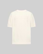 Back view of the Psycho Bunny MENS ZAYN OVERSIZED GRAPHIC TEE (MT0200004) in off-white, relaxed fit and heavyweight jersey, featuring subtle embossed text across the upper back against a light gray background.