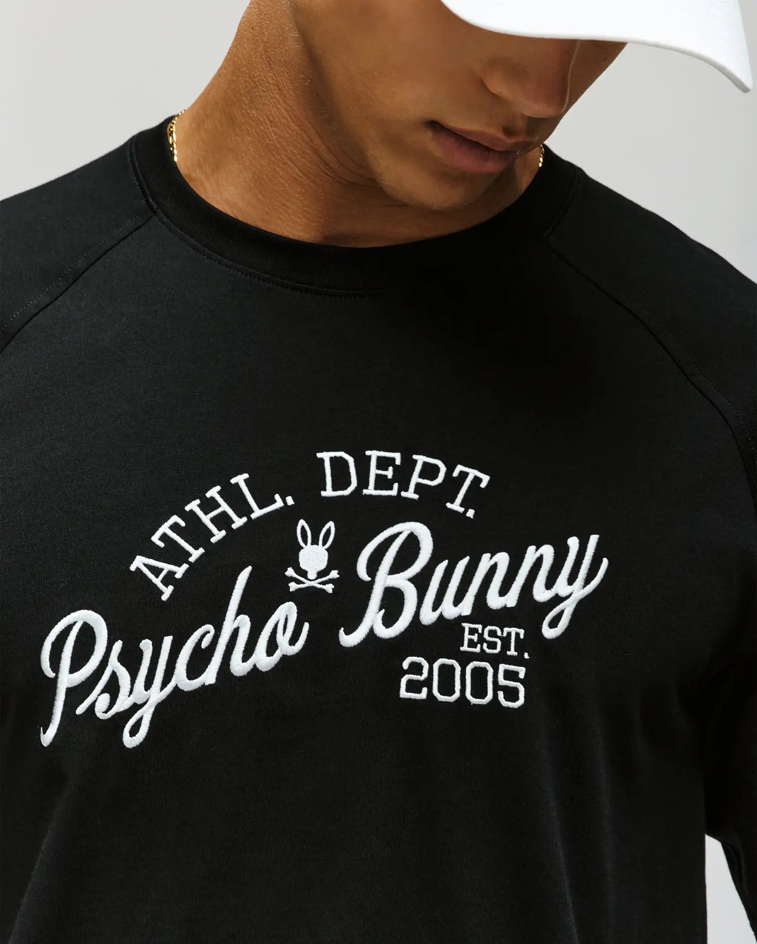 A man wears the Psycho Bunny MENS MATTEO RAGLAN GRAPHIC TEE (MT0200008), a black shirt with "ATHL DEPT Psycho Bunny EST. 2005" and a bunny logo, partially visible under a white cap. (3)
