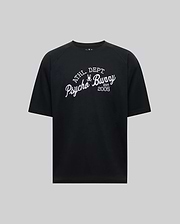 The MENS MATTEO RAGLAN GRAPHIC TEE (MT0200008) by Psycho Bunny is a black short-sleeve t-shirt with "ATHL DEPT Psycho Bunny Est 2005" in white on the front, shown against a plain gray background. (5)