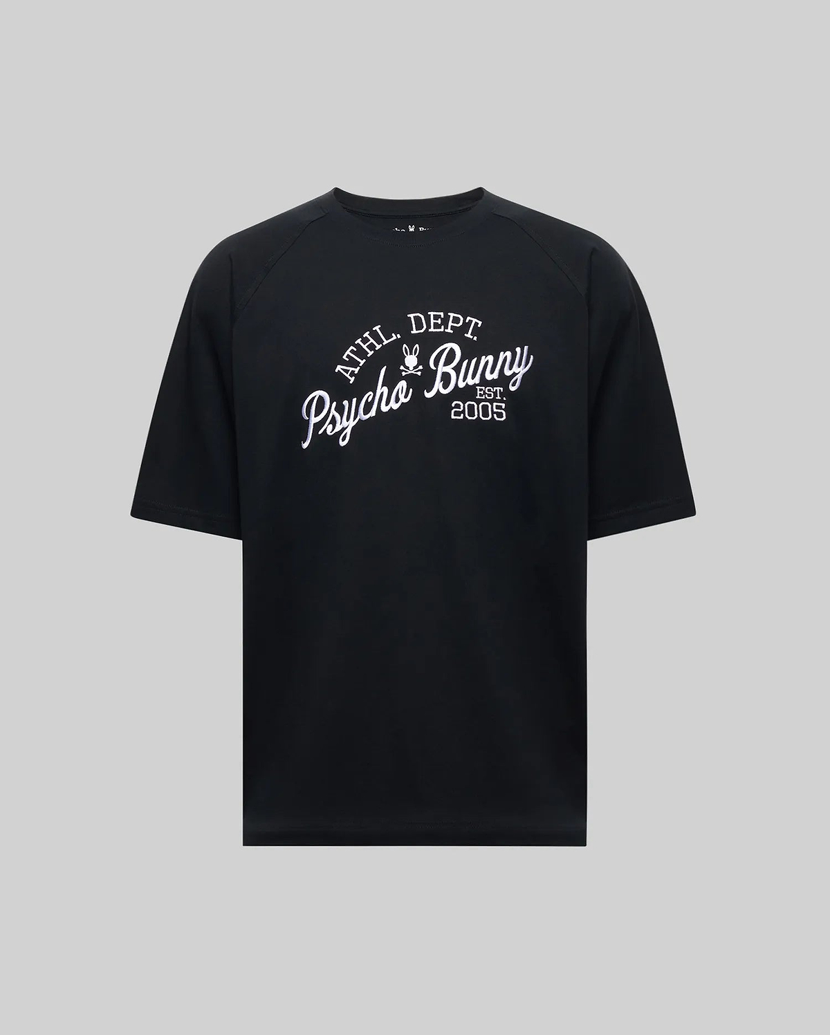 The MENS MATTEO RAGLAN GRAPHIC TEE (MT0200008) by Psycho Bunny is a black short-sleeve t-shirt with "ATHL DEPT Psycho Bunny Est 2005" in white on the front, shown against a plain gray background. (5)