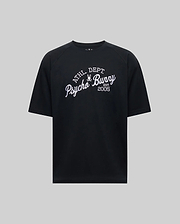 The MENS MATTEO RAGLAN GRAPHIC TEE (MT0200008) by Psycho Bunny is a black short-sleeve t-shirt with "ATHL DEPT Psycho Bunny Est 2005" in white on the front, shown against a plain gray background. (5)