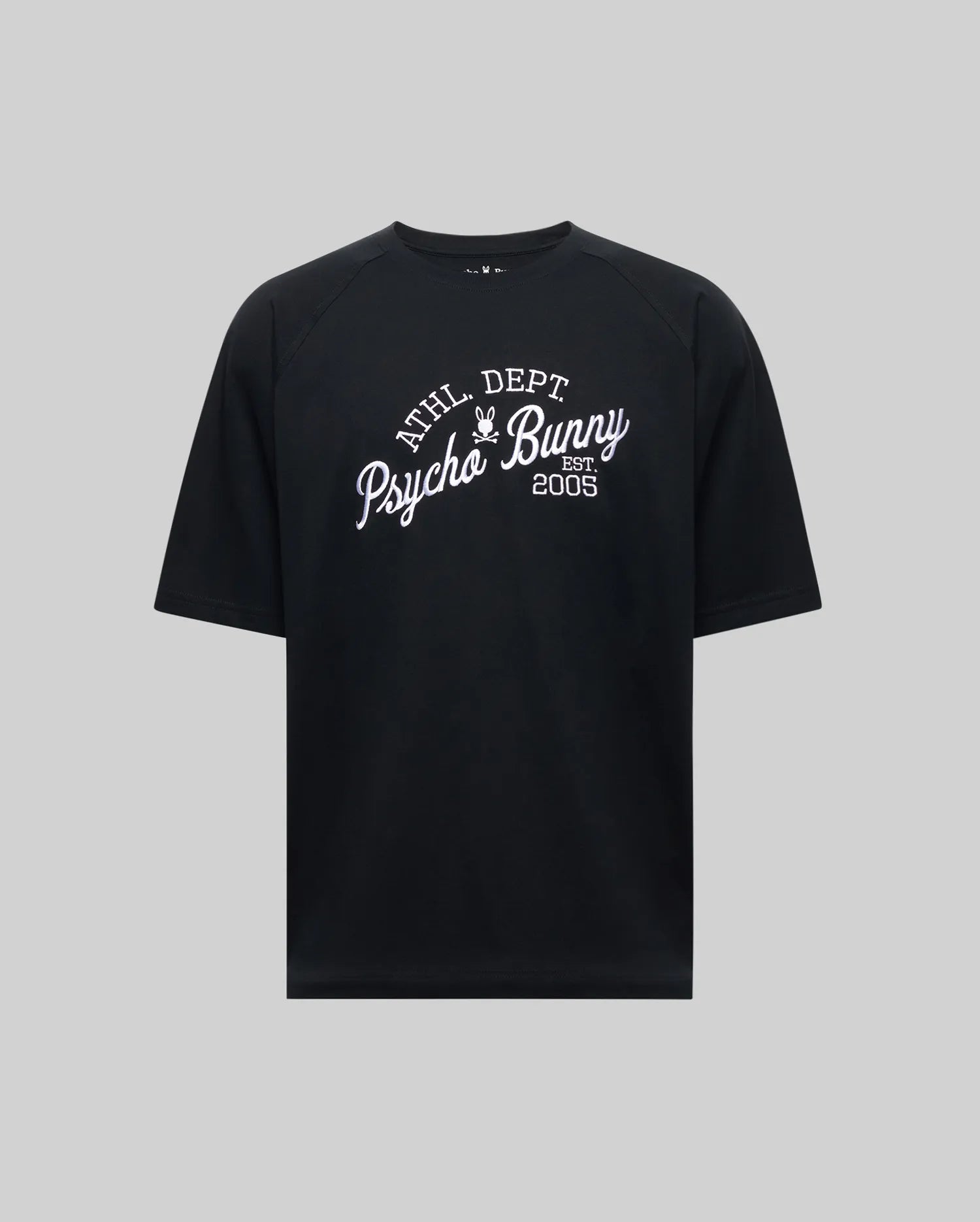 The MENS MATTEO RAGLAN GRAPHIC TEE (MT0200008) by Psycho Bunny is a black short-sleeve t-shirt with "ATHL DEPT Psycho Bunny Est 2005" in white on the front, shown against a plain gray background. (5)