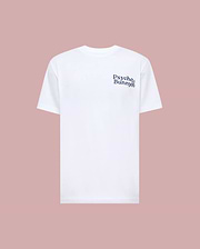 The MENS ARCHIVE WORDMARK GRAPHIC TEE - MT0200030 by Psycho Bunny is a regular fit white short-sleeve tee, shown on a pink background, with the Psycho Bunny wordmark and bunny logo in dark print on the left chest. (1)