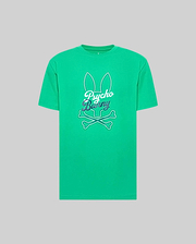 The Psycho Bunny MENS GARRET GRAPHIC TEE (MT0200050) is a bright green Pima cotton crewneck featuring a white outline Bunny print with bunny ears above crossed bones and "Psycho Bunny" text, shown against a plain gray background.