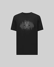 The Psycho Bunny MENS OLLIE GRAPHIC TEE - MT0200066 is a black Pima cotton short-sleeve shirt with a silver bunny and soundwave-like lines on the chest, shown on a plain gray background. (1)