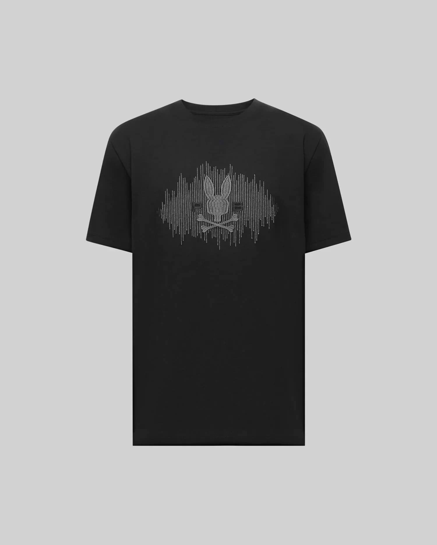 The Psycho Bunny MENS OLLIE GRAPHIC TEE - MT0200066 is a black Pima cotton short-sleeve shirt with a silver bunny and soundwave-like lines on the chest, shown on a plain gray background. (1)