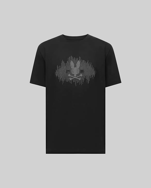 The Psycho Bunny MENS OLLIE GRAPHIC TEE - MT0200066 is a black Pima cotton short-sleeve shirt with a silver bunny and soundwave-like lines on the chest, shown on a plain gray background. (1)