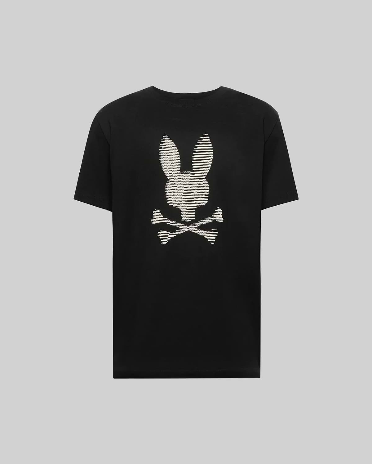The Psycho Bunny MENS GRANT BUNNY GRAPHIC TEE (MT0200081) features a high-definition, white striped bunny head with crossed bones on the back, made from soft Pima cotton for a bold, modern look.