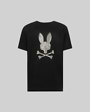 The Psycho Bunny MENS GRANT BUNNY GRAPHIC TEE (MT0200081) features a high-definition, white striped bunny head with crossed bones on the back, made from soft Pima cotton for a bold, modern look.