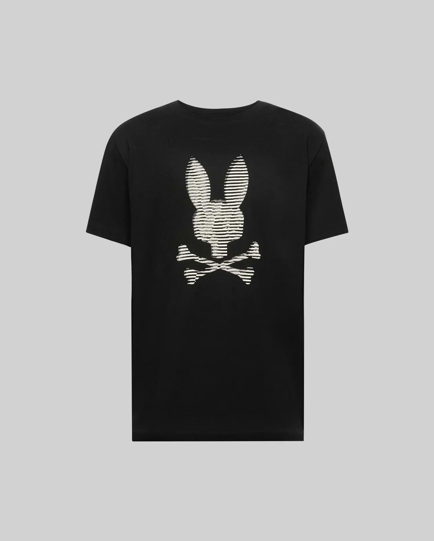 The Psycho Bunny MENS GRANT BUNNY GRAPHIC TEE (MT0200081) features a high-definition, white striped bunny head with crossed bones on the back, made from soft Pima cotton for a bold, modern look.
