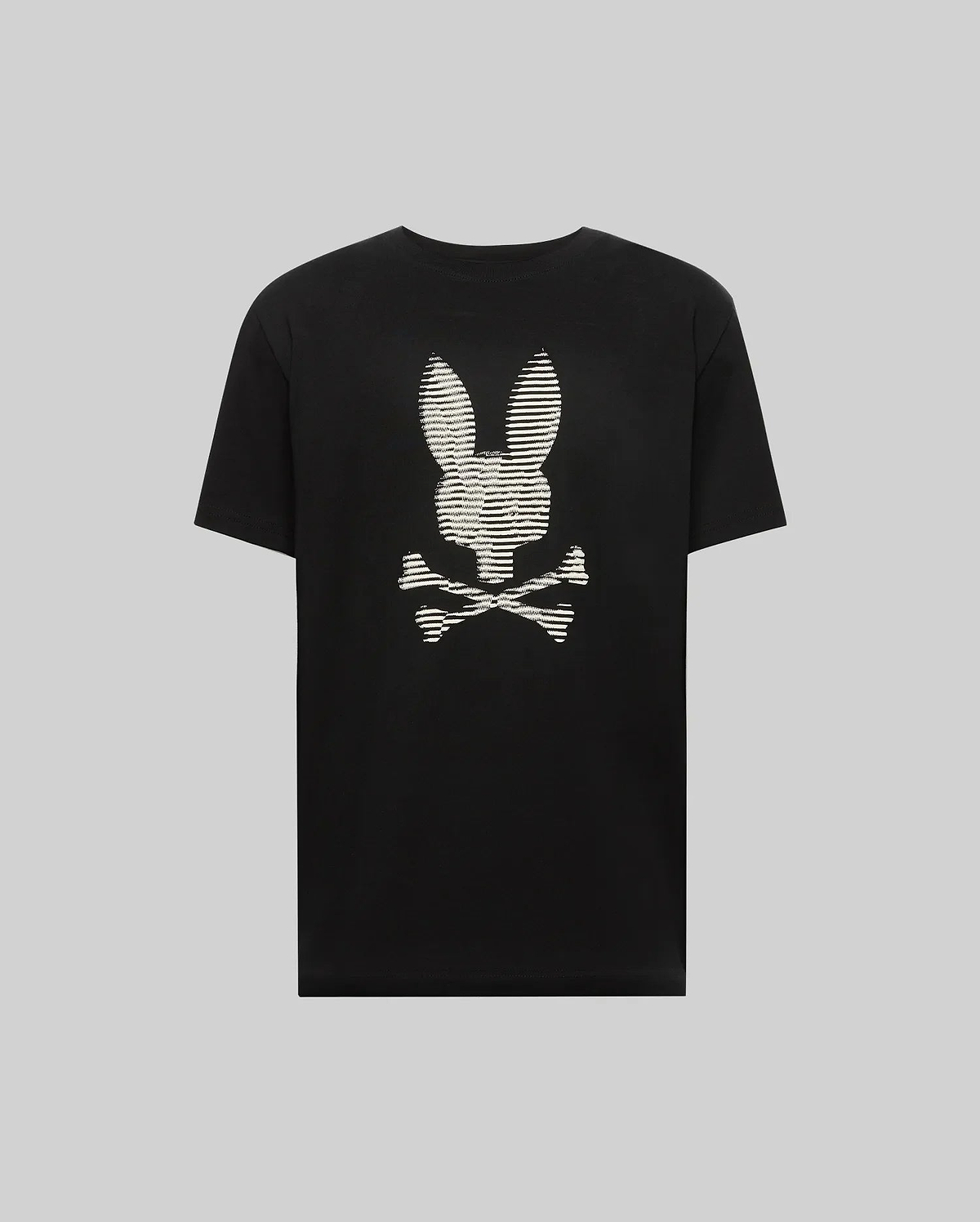 The Psycho Bunny MENS GRANT BUNNY GRAPHIC TEE (MT0200081) features a high-definition, white striped bunny head with crossed bones on the back, made from soft Pima cotton for a bold, modern look.