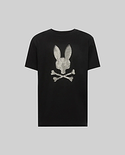 The Psycho Bunny MENS GRANT BUNNY GRAPHIC TEE (MT0200081) features a high-definition, white striped bunny head with crossed bones on the back, made from soft Pima cotton for a bold, modern look.