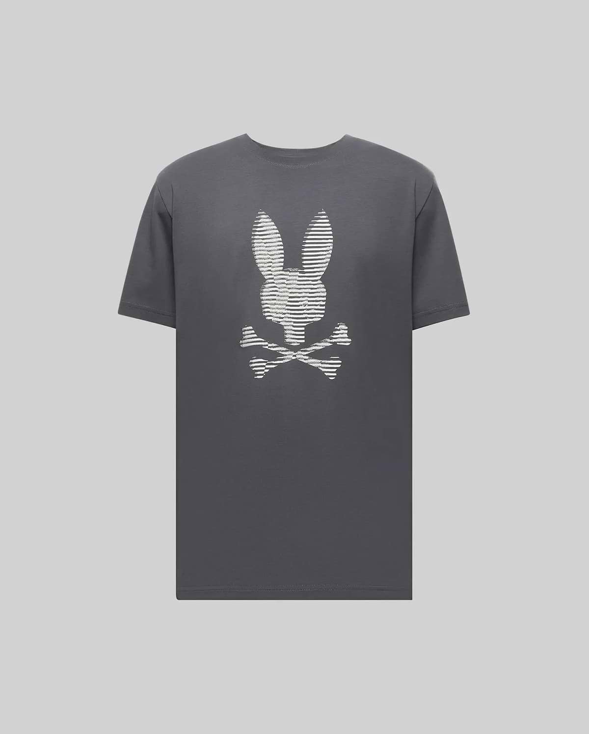 The Psycho Bunny MENS GRANT BUNNY GRAPHIC TEE - MT0200081 is a dark gray Pima cotton shirt made in Peru, featuring a playful white bunny head above crossed bones, centered on the chest. (1)