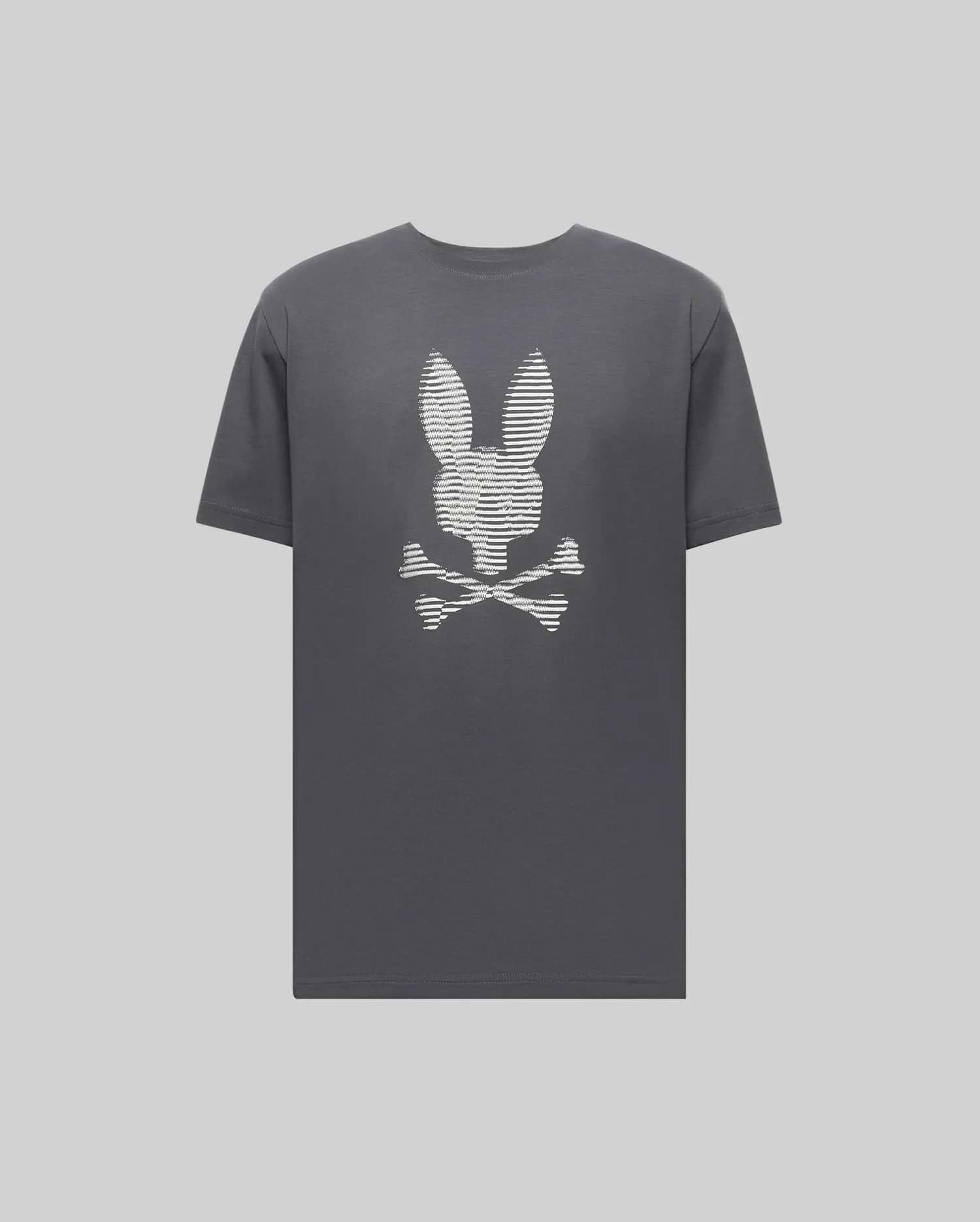 The Psycho Bunny MENS GRANT BUNNY GRAPHIC TEE - MT0200081 is a dark gray Pima cotton shirt made in Peru, featuring a playful white bunny head above crossed bones, centered on the chest. (1)