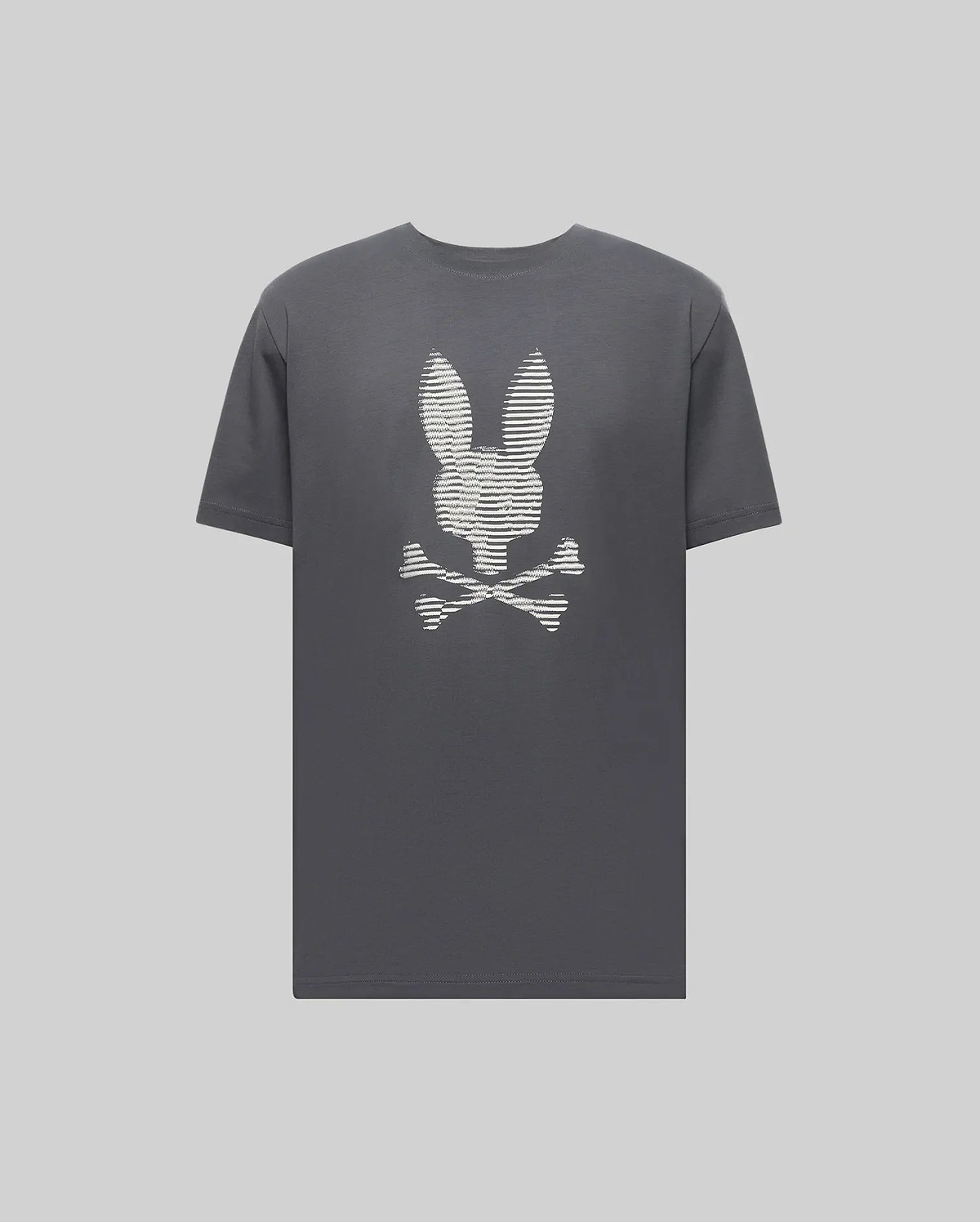 The Psycho Bunny MENS GRANT BUNNY GRAPHIC TEE - MT0200081 is a dark gray Pima cotton shirt made in Peru, featuring a playful white bunny head above crossed bones, centered on the chest. (1)