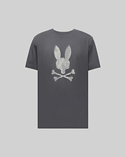 The Psycho Bunny MENS GRANT BUNNY GRAPHIC TEE - MT0200081 is a dark gray Pima cotton shirt made in Peru, featuring a playful white bunny head above crossed bones, centered on the chest. (1)