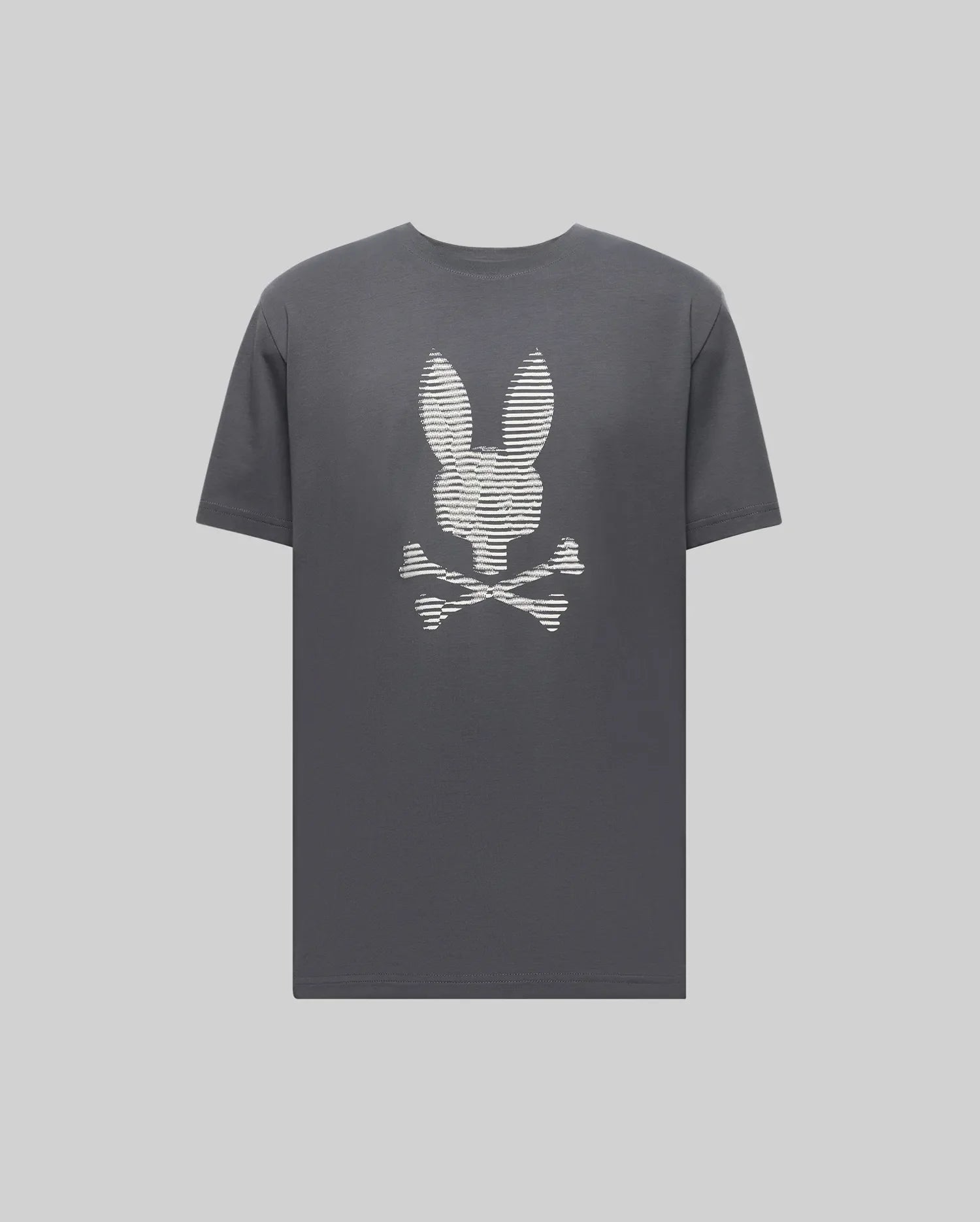 The Psycho Bunny MENS GRANT BUNNY GRAPHIC TEE - MT0200081 is a dark gray Pima cotton shirt made in Peru, featuring a playful white bunny head above crossed bones, centered on the chest. (1)