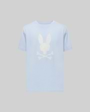 The Psycho Bunny MENS GRANT BUNNY GRAPHIC TEE (MT0200081) features a soft light blue Pima cotton fabric with a bold white stylized bunny head and crossed bones graphic on the front, adding a playful edge to men's fashion. (1)