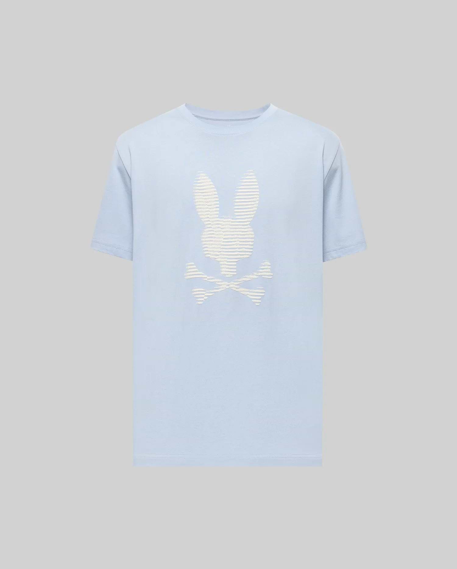 The Psycho Bunny MENS GRANT BUNNY GRAPHIC TEE (MT0200081) features a soft light blue Pima cotton fabric with a bold white stylized bunny head and crossed bones graphic on the front, adding a playful edge to men's fashion. (1)