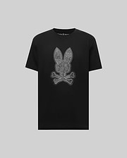 The Psycho Bunny MENS ROWEN BUNNY GRAPHIC TEE (MT0200101) features a large gray bunny face with crossed bones in graphic style, crafted from soft Pima cotton and set against a light gray background.