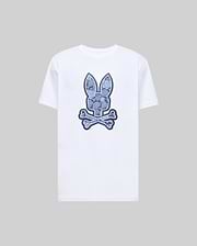 The Psycho Bunny MENS ROWEN BUNNY GRAPHIC TEE (MT0200101) is a white short-sleeve shirt with a large blue bunny head above crossed bones graphic on the front, shown on a plain gray background. (1)