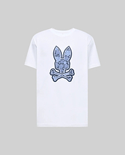 The Psycho Bunny MENS ROWEN BUNNY GRAPHIC TEE (MT0200101) is a white short-sleeve shirt with a large blue bunny head above crossed bones graphic on the front, shown on a plain gray background. (1)