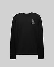 The MENS ROWEN GRAPHIC TEE - MT0200103 by Psycho Bunny is a black long sleeve crewneck featuring a small white outlined cartoon bunny patch on the left chest, shown against a plain light gray background. (6)