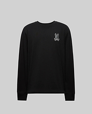 The MENS ROWEN GRAPHIC TEE - MT0200103 by Psycho Bunny is a black long sleeve crewneck featuring a small white outlined cartoon bunny patch on the left chest, shown against a plain light gray background. (6)