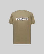 The Psycho Bunny MENS WADE GRAPHIC TEE - MT0200105 is a khaki 100% cotton shirt showcasing "PSYBNY" text and a cartoon bunny skull and crossbones graphic at the center, set against a plain light gray background. (1)
