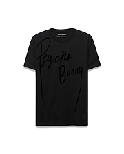Mens Soren Graphic Tee, a black classic fit jersey t-shirt featuring a large tonal Psycho Bunny script graphic across the chest and a small tonal skull logo near the left hem. (1)