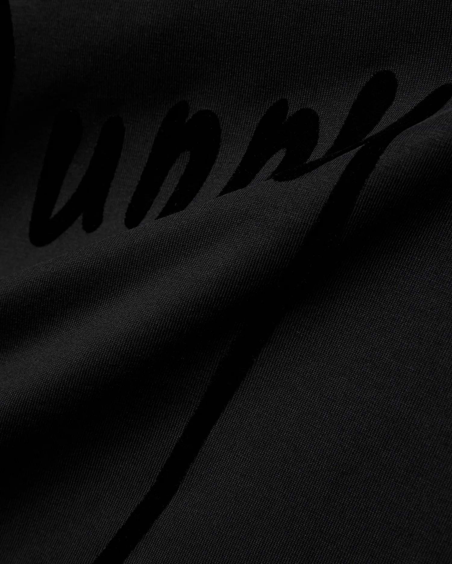 Mens Soren Graphic Tee, a premium black jersey knit t-shirt with a soft drape, featuring a large, subtly textured tonal black script Bunny graphic print, reflecting refined streetwear aesthetics. (6)