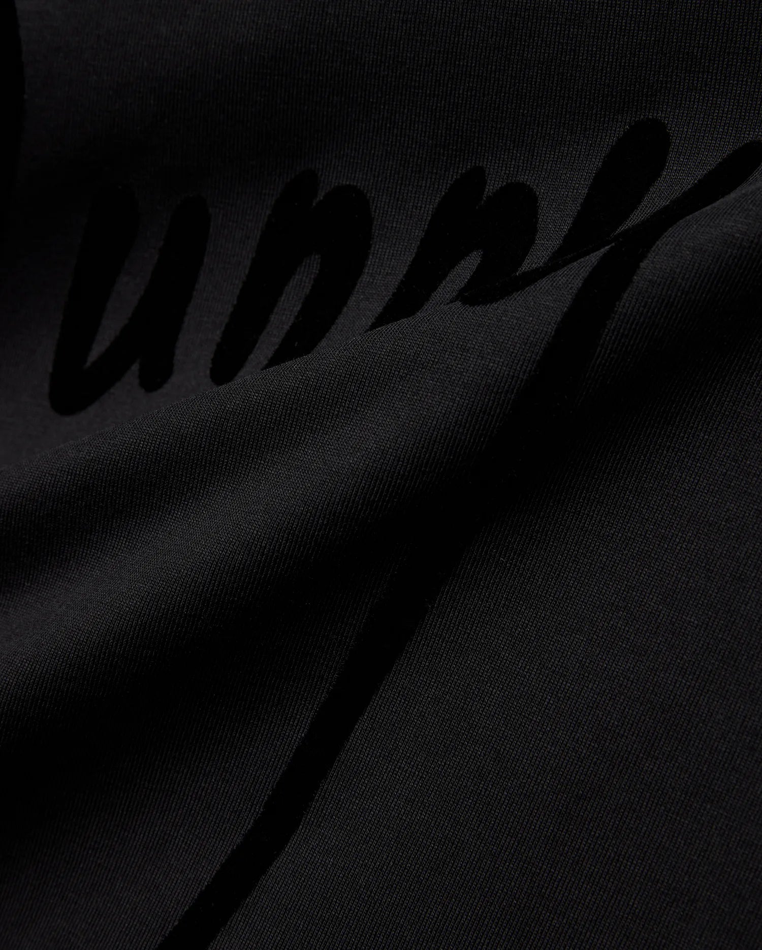 Mens Soren Graphic Tee, a premium black jersey knit t-shirt with a soft drape, featuring a large, subtly textured tonal black script Bunny graphic print, reflecting refined streetwear aesthetics. (6)